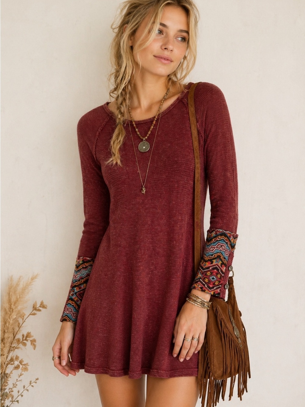 Able Women's Boho Distressed Waffle Knit Long Sleeve Mini Dress S 54397